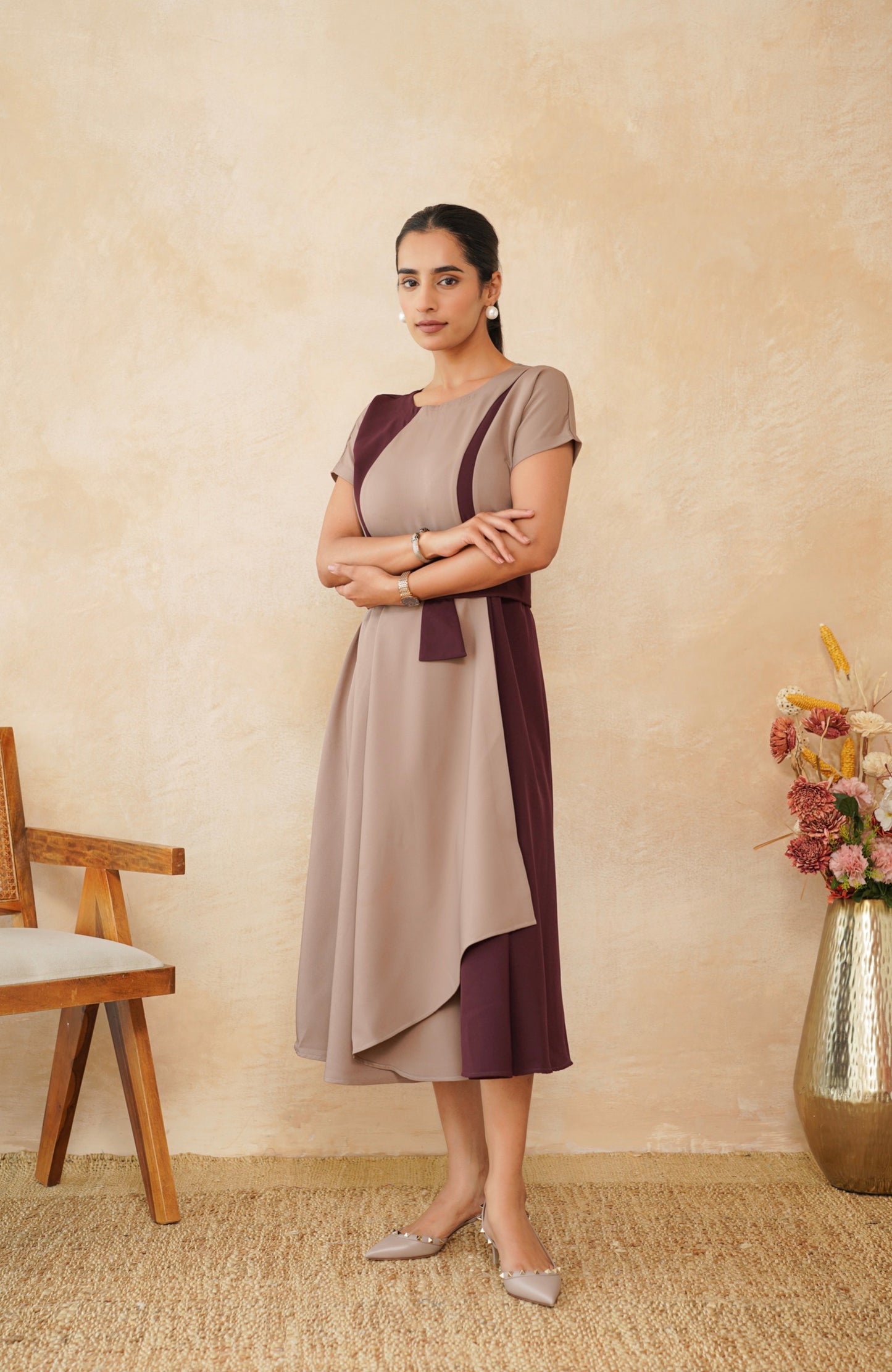 Taupe & Wine Asymmetric Panel Dress