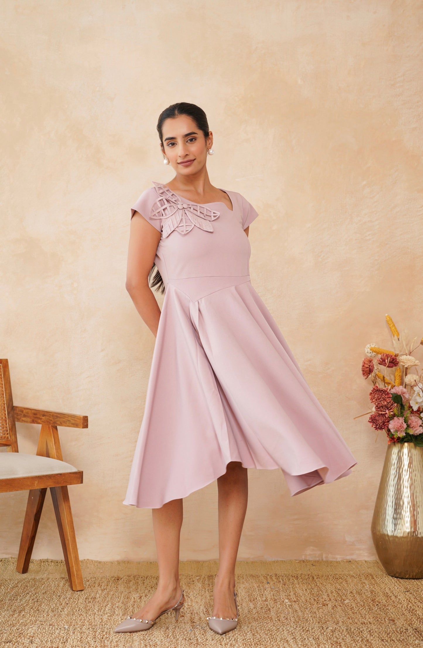 Blush Pink Appliqué Flare Dress