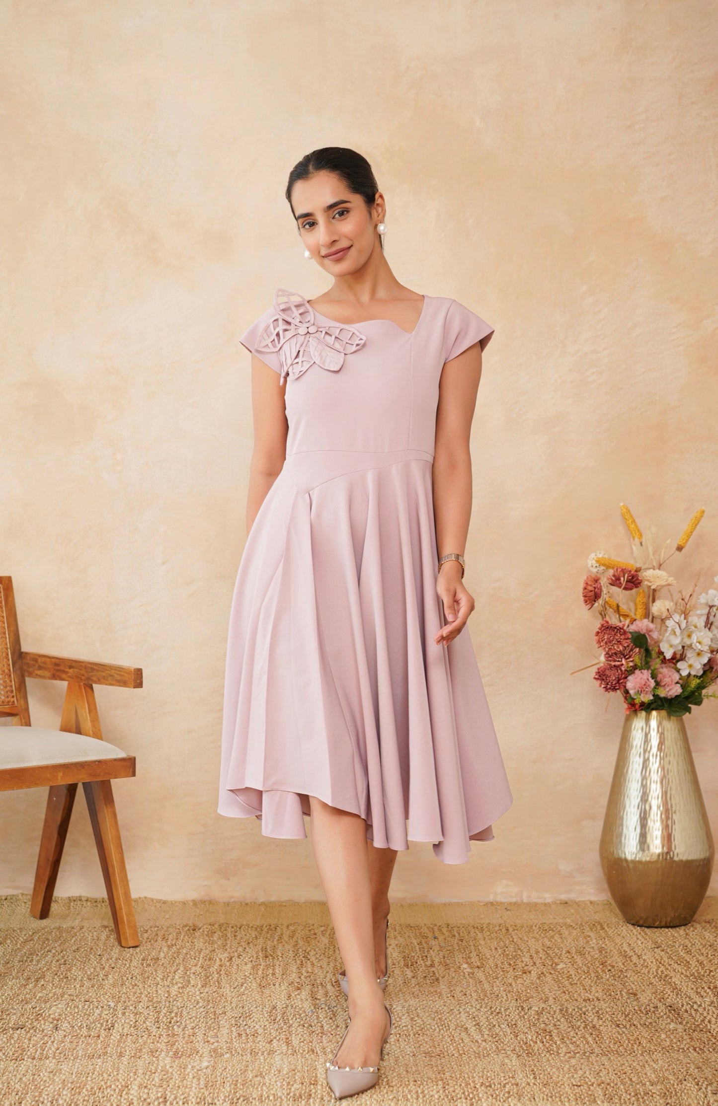 Blush Pink Appliqué Flare Dress