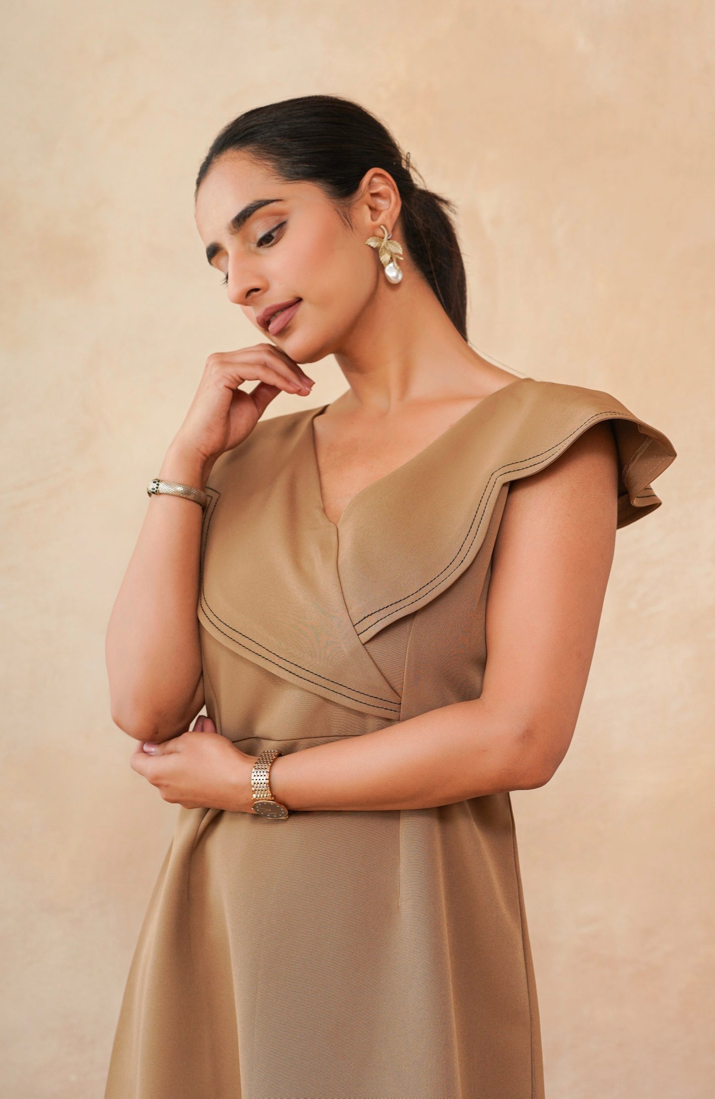 Caramel Scallop Hem Shift Dress