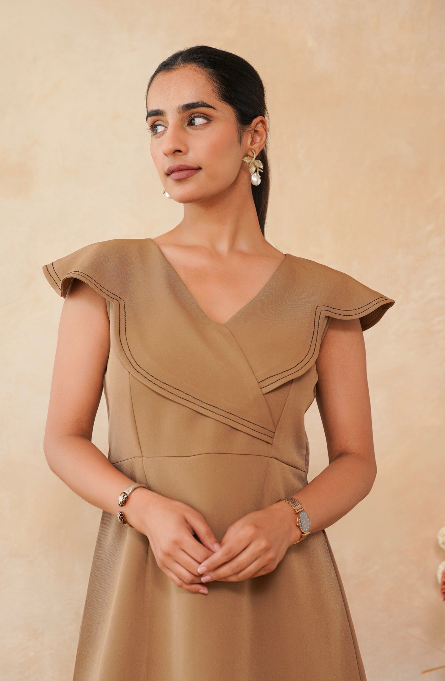 Caramel Scallop Hem Shift Dress