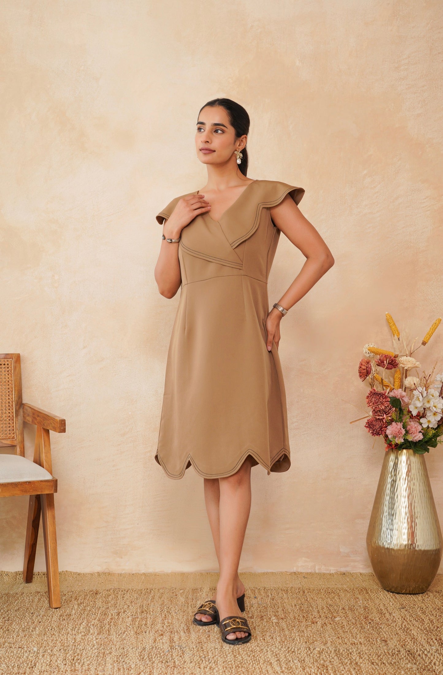 Caramel Scallop Hem Shift Dress