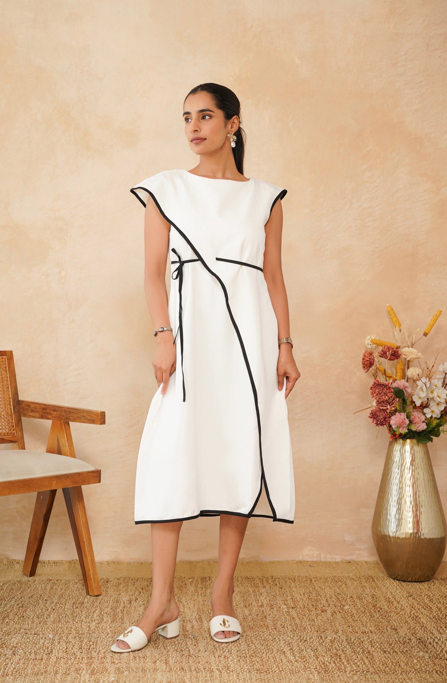 Ivory Contrast Wrap Midi Dress