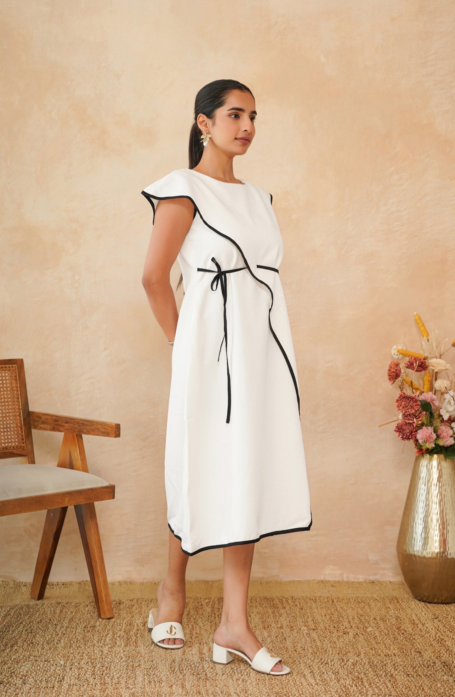 Ivory Contrast Wrap Midi Dress