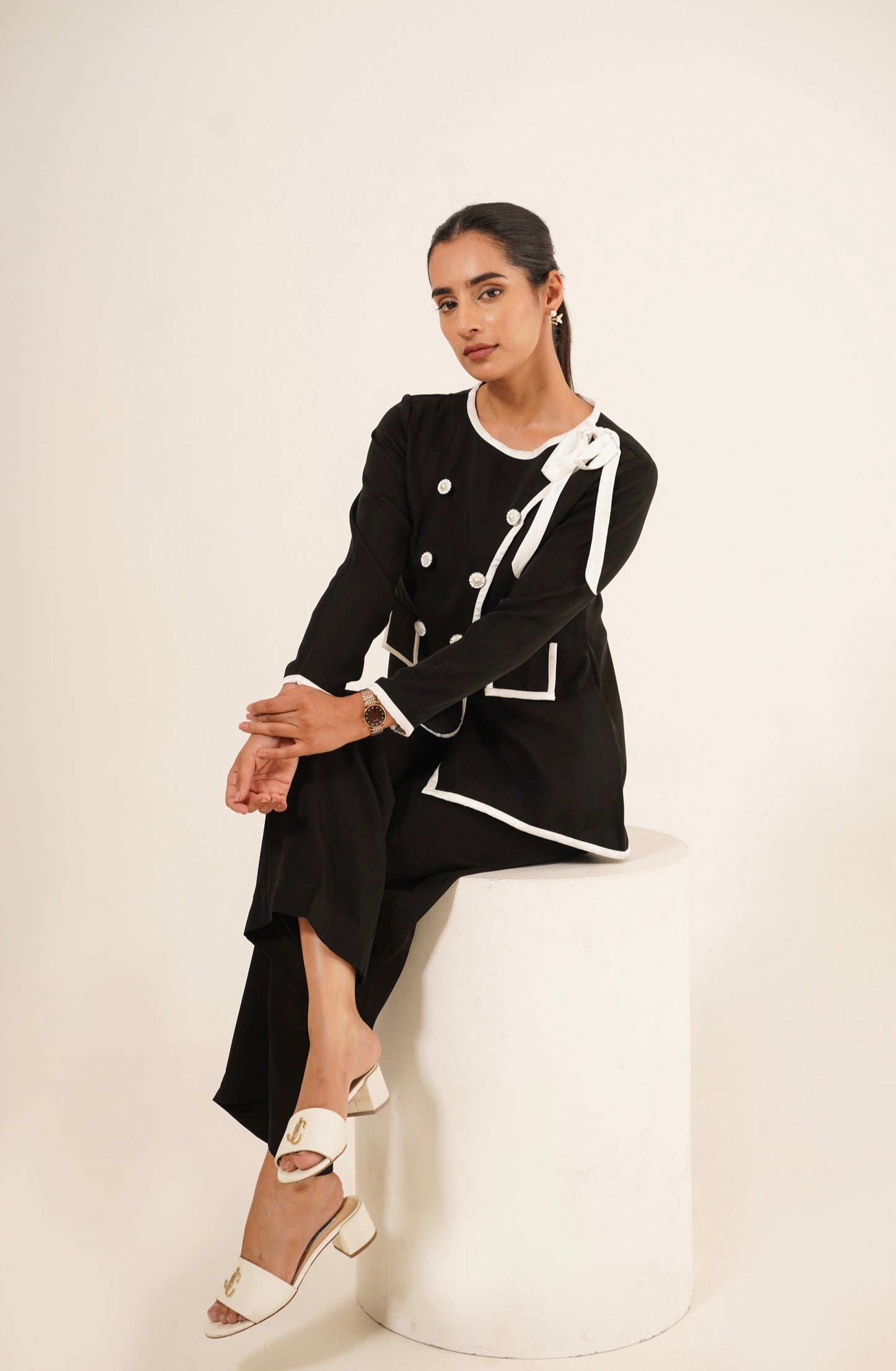 Black Contrast Trim Bow Co-Ord Set