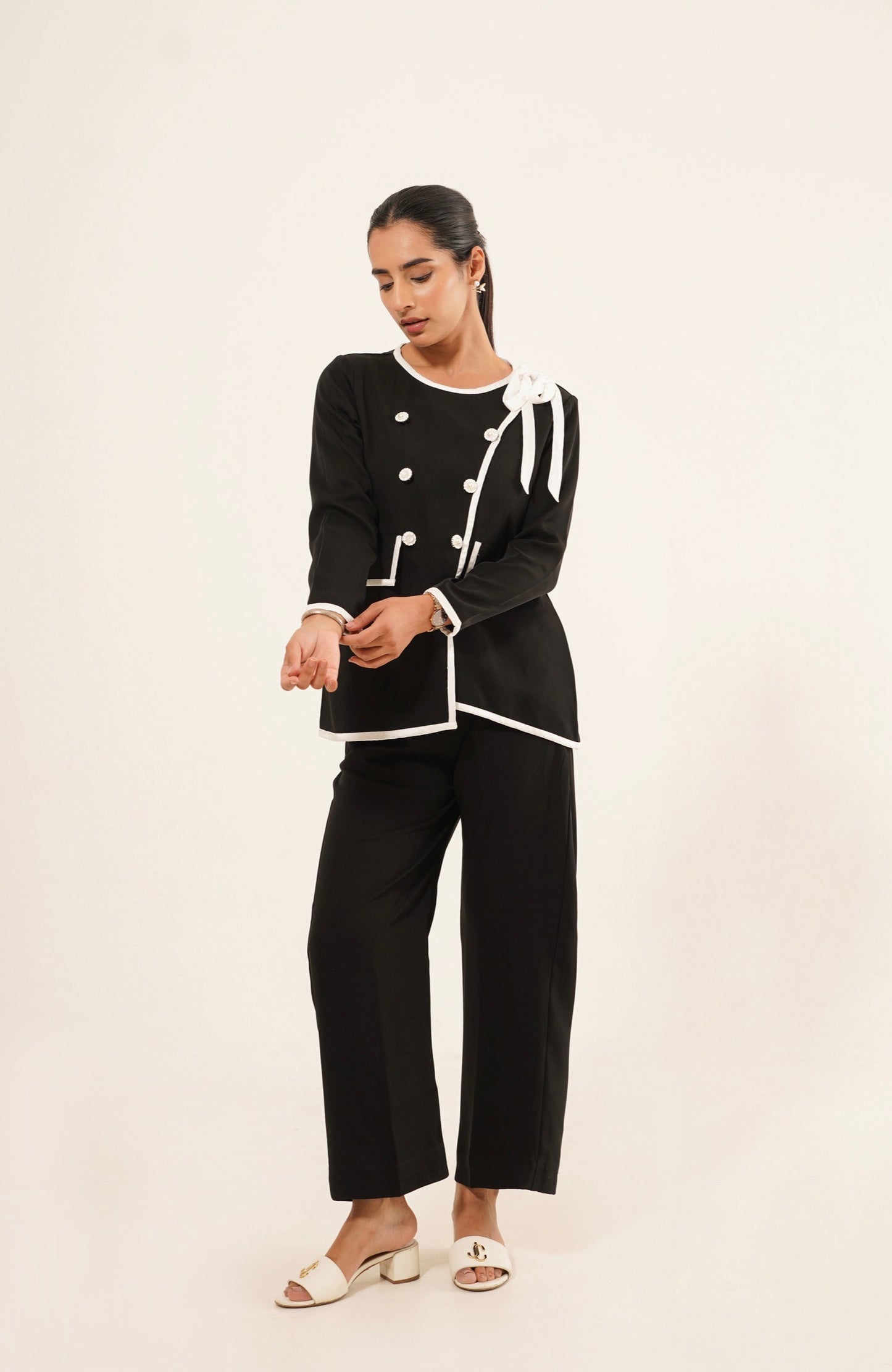 Black Contrast Trim Bow Co-Ord Set