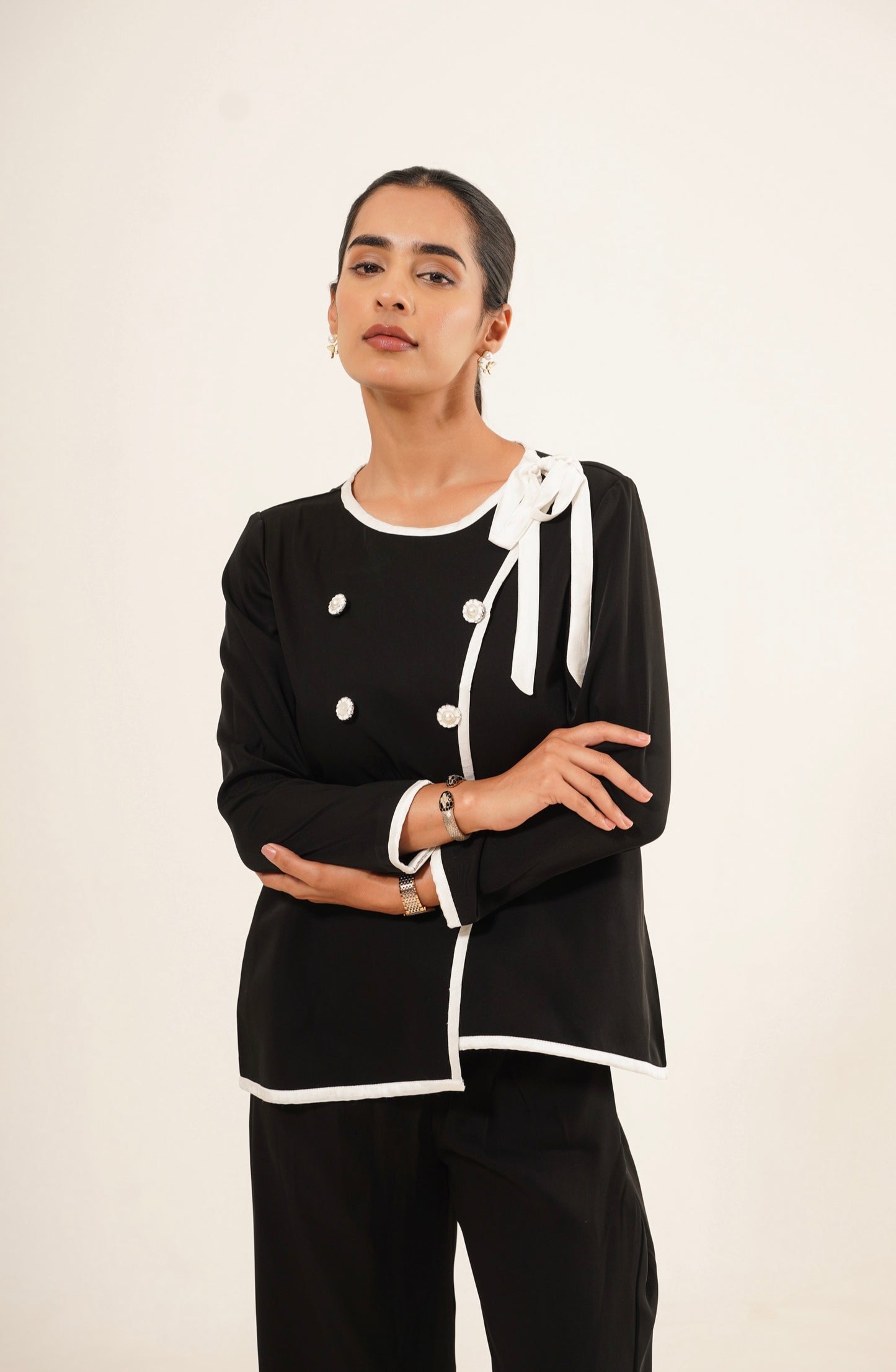 Black Contrast Trim Bow Co-Ord Set